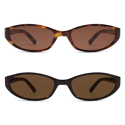 Retro Oval Sunglasses for Women Men Y2k Narrow Cat Eye Sunnies Skinny Shades AR82299 - color: B03 Tortoise/Brown+chocolate/Brown