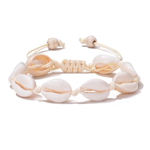 ATIMIGO Adjustable Nature Puka Shell Ankle Bracelet Cowrie Shell Anklet Handmade Boho Hawaiian Beach Surfer Seashell Braided Anklet Foot Jewelry for Women - color: beige string cowire shell anklet
