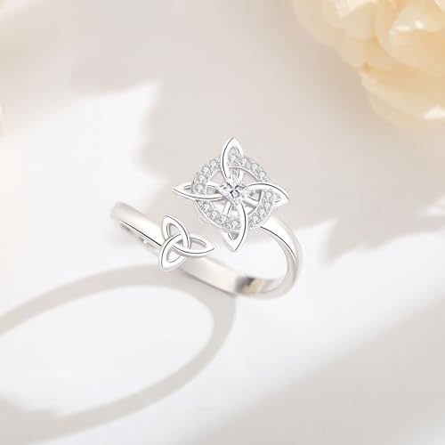 Vito 925 Sterling Silver Adjustable Open Spoon Ring for Women Men, Lotus Sunflower Snake Spoon Band Rings Feather Hug Witches Knot Inspirational Jewelry Gift for Wife - style: Witches Knot-Cubic Zirconia