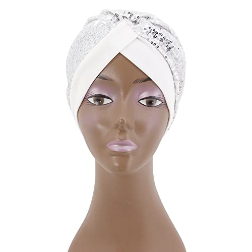 Erinaco Women Sparkle Sequin African Turban Bow Knot Pre-Tied Cap Pleated Ruffle Bonnet Beanie Hat Headwrap Skull Caps - color: Sparkle White