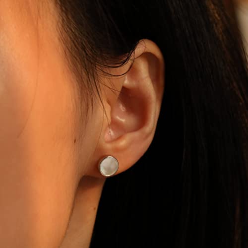 S.Leaf Gold Stud Earrings for Women Sterling Silver Gold plated Hypoallergenic Shell Mother of Pearl Post Earrings for Women Birthday Gifts - color: A02_Shell_7mm_Silver