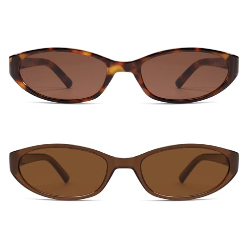Retro Oval Sunglasses for Women Men Y2k Narrow Cat Eye Sunnies Skinny Shades AR82299 - color: B05 Tortoise+clear Brown