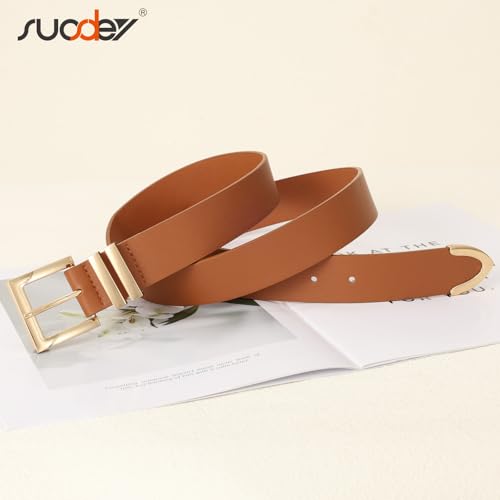 SUOSDEY Plus Size Women's Leather Belts for Jeans Pants Dress Fashion Women Waist Belt with Gold Buckle - color: Brown, size: Fit waist size 36''-41''