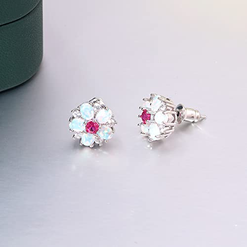 CiNily Flower Earrings,Opal Stud Earrings Sterling Silver or White Gold/Rose Gold Plated Ladies Flower Stud Earrings Cute Unique Earrings for Girls - color: red