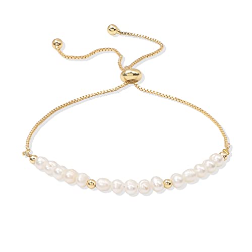 Dainty Pearl Chain Bracelets 14K Gold Bracelet for Women Adjustable Baroque Culture Jewelry Gifts for Mother Wife - color: 1-gold