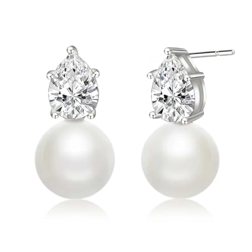 Pearl Earrings for Women, Dainty Wedding Bridal Earrings 14k Gold Plated CZ Pearl Drop Earrings for Women Trendy Hypoallergenic Unique Gold Drop Earrings Fashion Prom Jewelry - color: Silver-M
