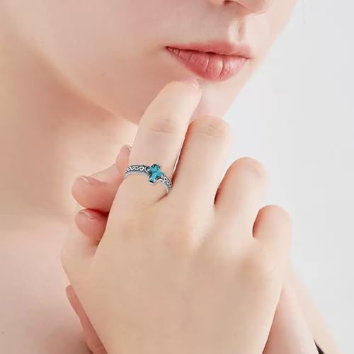 Real Genuine Turquoise Cross Ring 925 Sterling Silver Boho Style Christian Catholic Faith Jewelry Gift for Women - size: 7