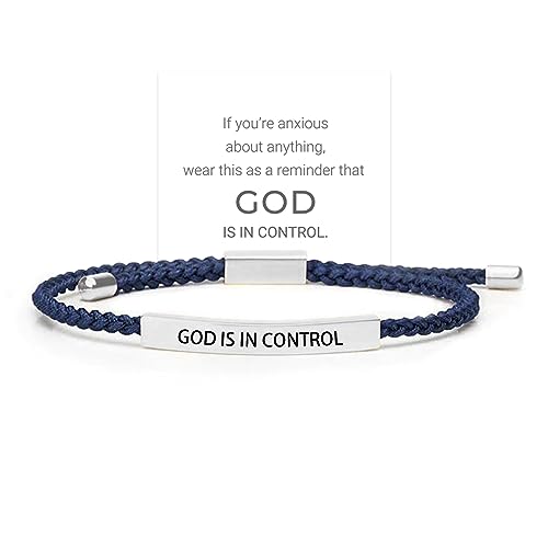 God is in Control Tube Bracelet for Women Men, Handmade Braided Adjustable Inspirational Bracelets Stainless Steel Christian aith Jewelry for Christmas Birthday Gifts - color: Silver-Blue