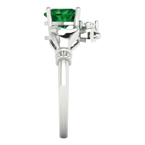 Clara Pucci Simulated Emerald Heart Cut Claddagh Ring | 14K Solid Gold | 1.05 cttw | Womens White Gold Fashion Jewelry