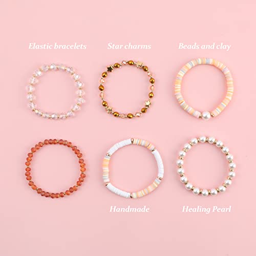 Colorful Heishi Surfer Bracelets Set for Women Stackable Clay Beaded Bracelets Disc Stretch Preppy Bracelets Smiley Face Friendship Bracelets Team Cheer Bulk Boho Summer Beach Jewelry Gift - color: Pearl Beads