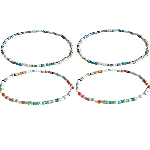 Boho Beads Anklets Set of 2pcs, Waterproof Beach Adjustable Stretch Imitation Turquoise White Pearls Bracelets for Women, Handmade Jewelry Gifts - style: 4pcs
