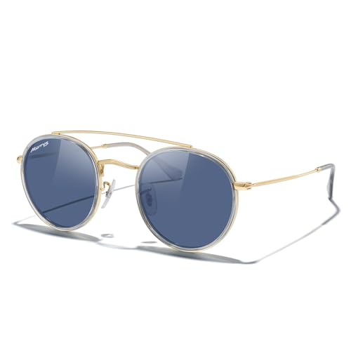 MERRY'S Retro Round Polarized Sunglasses - Unisex Double Bridge Sun Glasses - color: Tra Gray Frame/Gold Bridge/Blue Lens