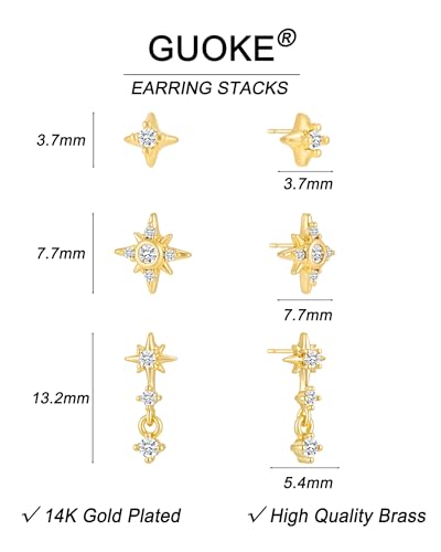 3 Pairs Small Earring Stacks, 14K Gold/Silver/Black/Rose Gold Plated Pearl Heart Butterfly Star Diamond Charm Drop Huggie Earrings Trendy Jewelry Gift for Women - color: Gold-North Star
