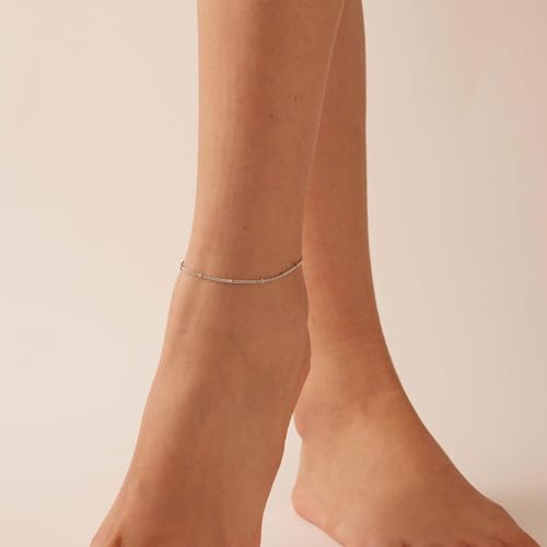 Dainty Ankle Bracelets for Women 18K Gold Plated Satellite Beaded Herringbone Lip Chain Anklets Simple Minimalist Summer Beach Foot Jewelry Christmas Gifts - color: Satellite-White Gold