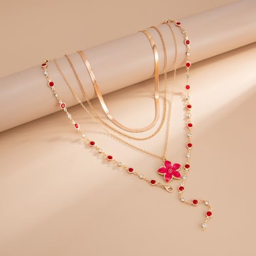 Gold Flower Y Chain Necklace for Women Layered Flower Pendant Choker Long Rhinestone Chain Necklace Party Prom Jewelry - color: Red