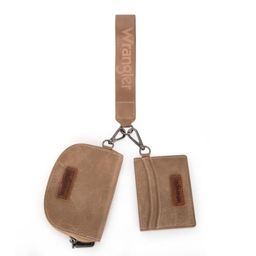 Wrangler KeyChain Wallet Wristlet Wallets for Women Dual Pouch Wristlet with Zipper Womens Credit Card Holder Wallet - color: A-Khaki
