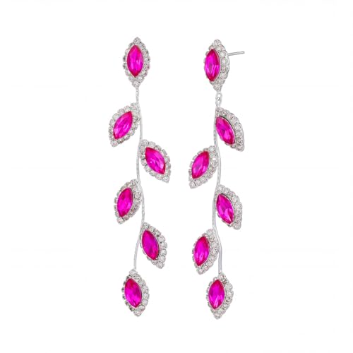 Catery Crystal Wedding Earrings Rhinestones Dangling Earrings Leaf Bridal Ear Jewelry for Brides and Women - color: Hot Pink