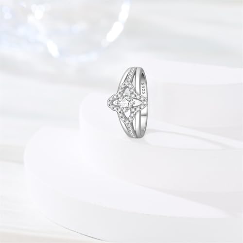 KUNSIR 925 Sterling Silver Rings Classic Cubic Zirconia Eternity Promise Statement Anniversary Wedding Bands Engagement Rings for Women Infinity Forever Love Ring Size 7-9 - style: Four Leaf Clover Ring