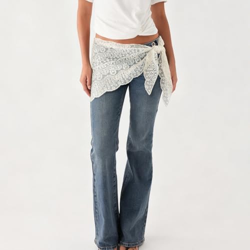 Women Y2K Lace Fringe Hip Scarf Boho Triangle Tassel Waist Cover Up Skirt Wrap Sheer Tie Belt Aesthetic Streetwear - color: I White