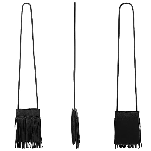 Women Leather Fringe Messenger Bag Mini Hobo Crossbody Tassel Shoulder Bags - color: Black