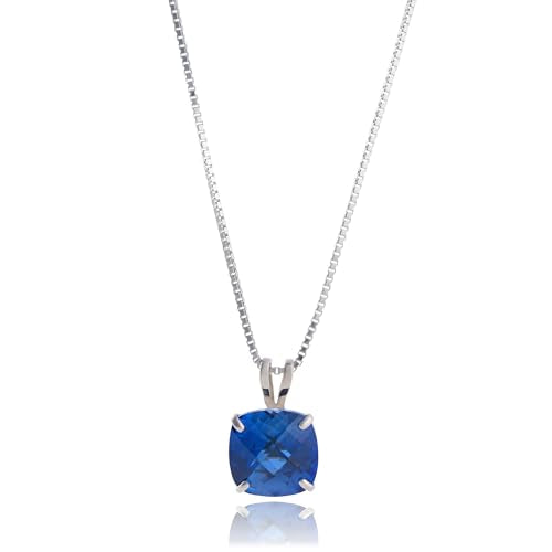 MAX + STONE Cushion Cut Gemstone Necklace | 8mm Solitaire Birthstone Necklace for Women | Gemstone Pendant Necklaces with 18 inch Box Chain - color: Created Blue Sapphire