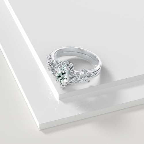 Natural Moss Agate Ring for Women 925 Sterling Silver Pear/Oval/Kite/Heart/Hexagon/Emerald/Coffin Cut Green Leaf Moss Agate Engagement Ring Promise Bridal Set Anniversary Birthday Jewelry Gifts - color: Long Hexagon Cut Moss Agate
