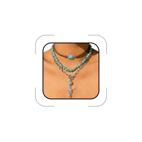 GIGB PBDK Boho Western Necklaces for Women,Turquoise Beaded Layered Necklaces Vintage Cow Cactus Pendant Choker Necklace Set,Cowgirl Jewelry Accessories Gifts - style: A1