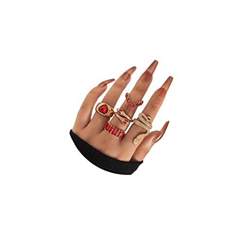 CSIYANJRY99 Silver & Gold Snake Rings Set - Vintage Punk Serpent & Gothic Knuckle Rings - Boho Stackable Cobra Finger Ring Jewelry - color: D-red