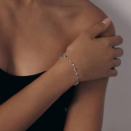 BENEIGE Women Bracelet 14K Gold Plated Paperclip Satellite Bead Ball Oval Cuba Cable Box Chain Daily Charm Layered Link Silver Bracelets Adjustable Jewelry - style: Eye Blue