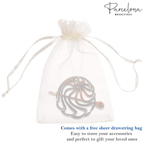 Parcelona French Swirls Celluloid Chignon Hair Slide Pin Thru 3.5" Bun Cover Ponytail Round Hair Clips for Women Styling Girls Hair Accessories No Slip Durable, Made in France(Tortoise Shell)