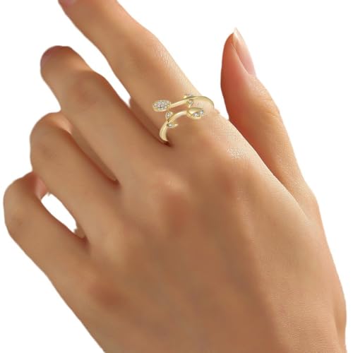 Adjustable Women's Cubic Zirconia Leaf Shaped Ring, 18K Gold-Plated Exquisite Stackable Women's Ring, A Great Gift for Her - color: J