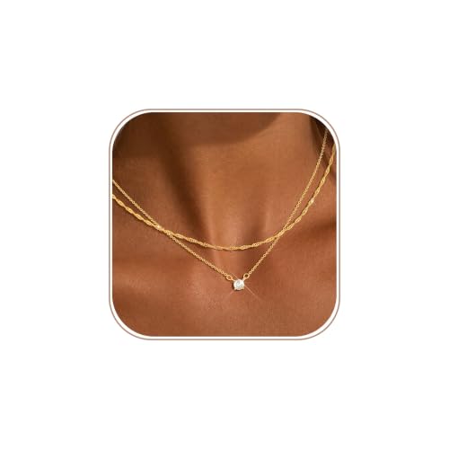 Layered Gold Necklace for Women Trendy 14K Gold Plated Heart CZ Pendant Layered Gold Necklaces Set Coin Choker Necklaces Simple Circle Cubic Zirconia Pearl Necklace Stack Herringbone Paperclip Chain Jewelry Set - style: 2PCS-Twisted rope zircon-GD
