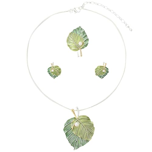 Vintage Chunky Statement Jewelry Set Retro Leaf Floral Geometric Bohemian Boho Bib Necklace Earring Set Fashion Costume Jewelry for Women Girls Wedding Party Prom Unique Gift - style: 2 leaves pearl JS Ring silver green