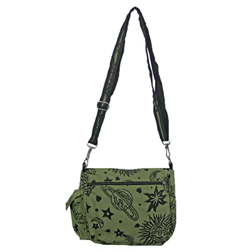 Sun Moon Stars and Planets Celestial Hippie Boho Crossbody Single Shoulder Bag - color: Green