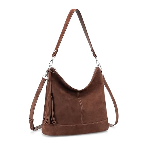 Genuine Leather Hobo Crossbody Bag for Women, Soft Real Leather Bucket, Shoulder Handbag Purse with 2 Removable Strap - color: Red Brown