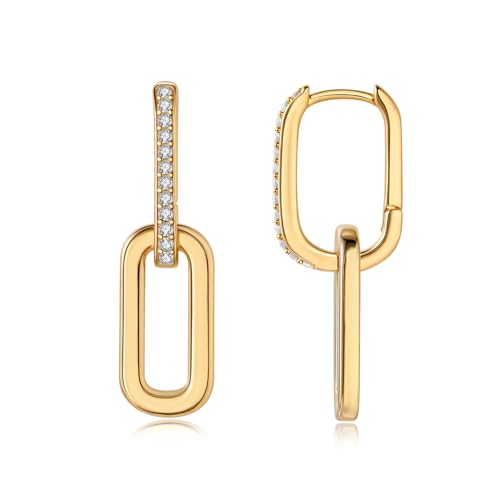 14K Gold Plated Paperclip Earrings For Women Trendy Link Huggie Hoop Earrings Silver Chain Statement Drop Dangle Earrings with Cubic Zirconia Jewelry Gifts For Her Gold - color: Gold