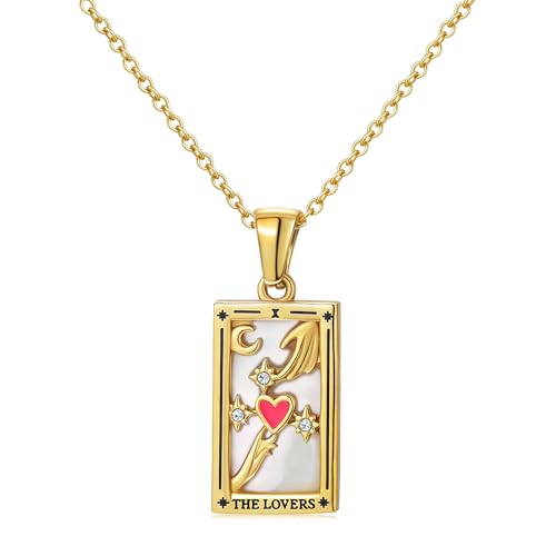 Gold Tarot Card Necklace for Women Men, Non Tarnish 18K Gold Plated Vintage Lucky Charm Square Pendant Talisman Amulet Necklaces Unisex Jewelry - style: The Lovers