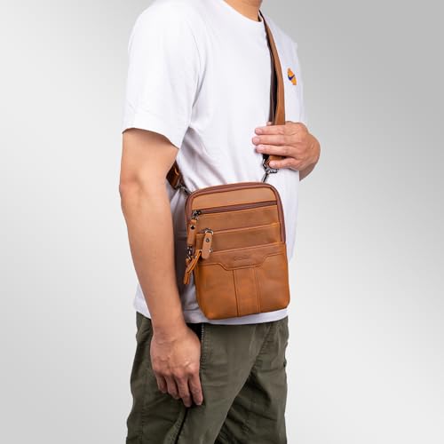 Leather Messenger Bag for Men, Small Leather Sling Shoulder Bag Messenger Pack for Men, Man Purse - color: Medium Yellowish Brown