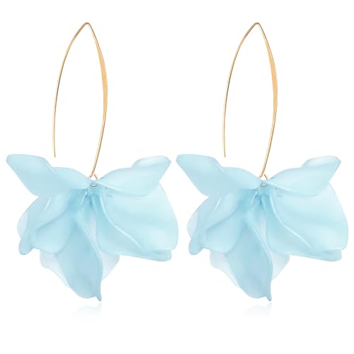 Exaggerated Bohemian Resin Rose Flower Petal Dangle Drop Earrings Long Acrylic Tiered Floral Tassel Earring for Women - color: Light Blue