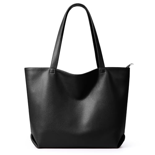 WLLWOO Soft Vegan Leather Tote Bag for Women Large Casual Hobo Handbags Zipper Shoulder Work Daily Weekender Travel Purse - color: Black