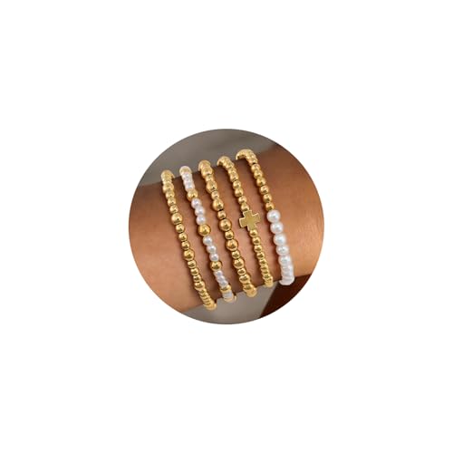 VIBILIA Gold Beaded Bracelets Set for Women 14K Gold Plated Dainty Pearl Cross Bracelet Stack Stretch Bracelet Set Fashion Accessories Gifts - color: 5P-FZZ-White