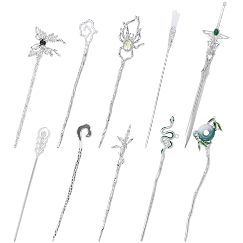 Lawie 10 Pack Silver Metal Hair Sticks Chopsticks Hair Pins Chinese Asian Hanfu Decorative Long Retro Hair Clips Snakes Swords Butterfly Jade Stone Vintage Hair Accessories for Women Girls