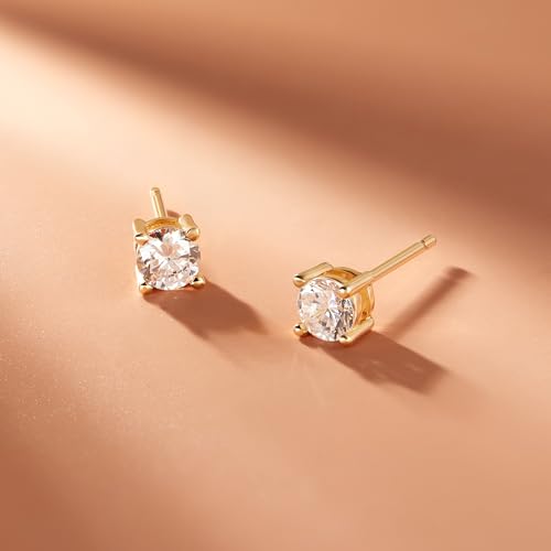 Amazon Essentials Plated Sterling Silver Cubic Zirconia Stud Earrings (Round & Princess) - color: White/Yellow Gold, size: 5 mm, style: Round Cut