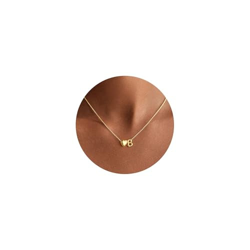 Yoosteel Heart Initial Necklaces for Women Girls - 14K Gold-Plated Letter A-Z Initial Heart Necklace for Girls Kids Jewelry Teen Girl Gifts Personalized Birthday Gifts - color: B