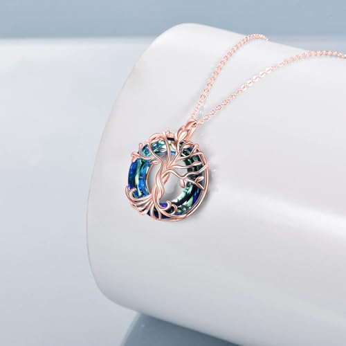 TOUPOP Tree of Life Necklace Gifts for Women 925 Sterling Silver Family Tree Pendant with Crystal Birthday Irish Jewelry Gifts for Women Her Wife Mom - color: 02-Rose Gold-Blue Crystal