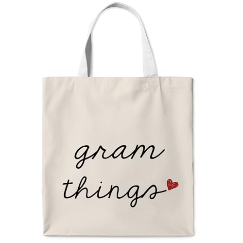 Gram Things Canvas Tote Bag, Gram Gifts for Mothers Day Birthday Tote Bag for Women, Grandma Gifts from Grandkids, Minimalist Neutral Grandmother Aesthetic Travel Totes for Shopping Camping