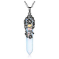 Top Plaza Antique Silver Flower Wrapped Synthetic Opalite Healing Crystal Necklace - color: Synthetic Opalite
