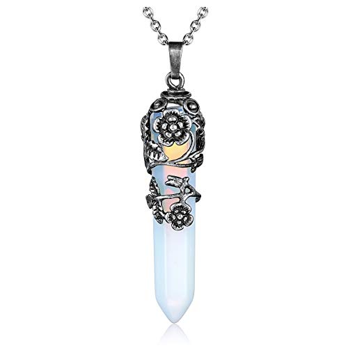 Top Plaza Antique Silver Flower Wrapped Synthetic Opalite Healing Crystal Necklace - color: Synthetic Opalite