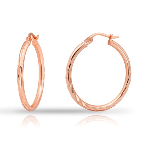 Hoops & Loops 925 Sterling Silver Diamond-Cut Hoop Earrings for Women, 2mm Textured Lightweight Click Top Hoops, 15mm 20mm 25mm 30mm, Silver 14k Yellow Gold & Rose Gold Flash Plated - color: Rose Gold - 25mm (1'')