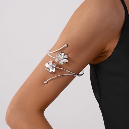 Arm Cuff Jewelry for Women Adjustable Flower Cuff Bangle Bracelet Gold Armband Upper Jewelry Gifts for Women Boho Western Accessories - color: B4:silver flower